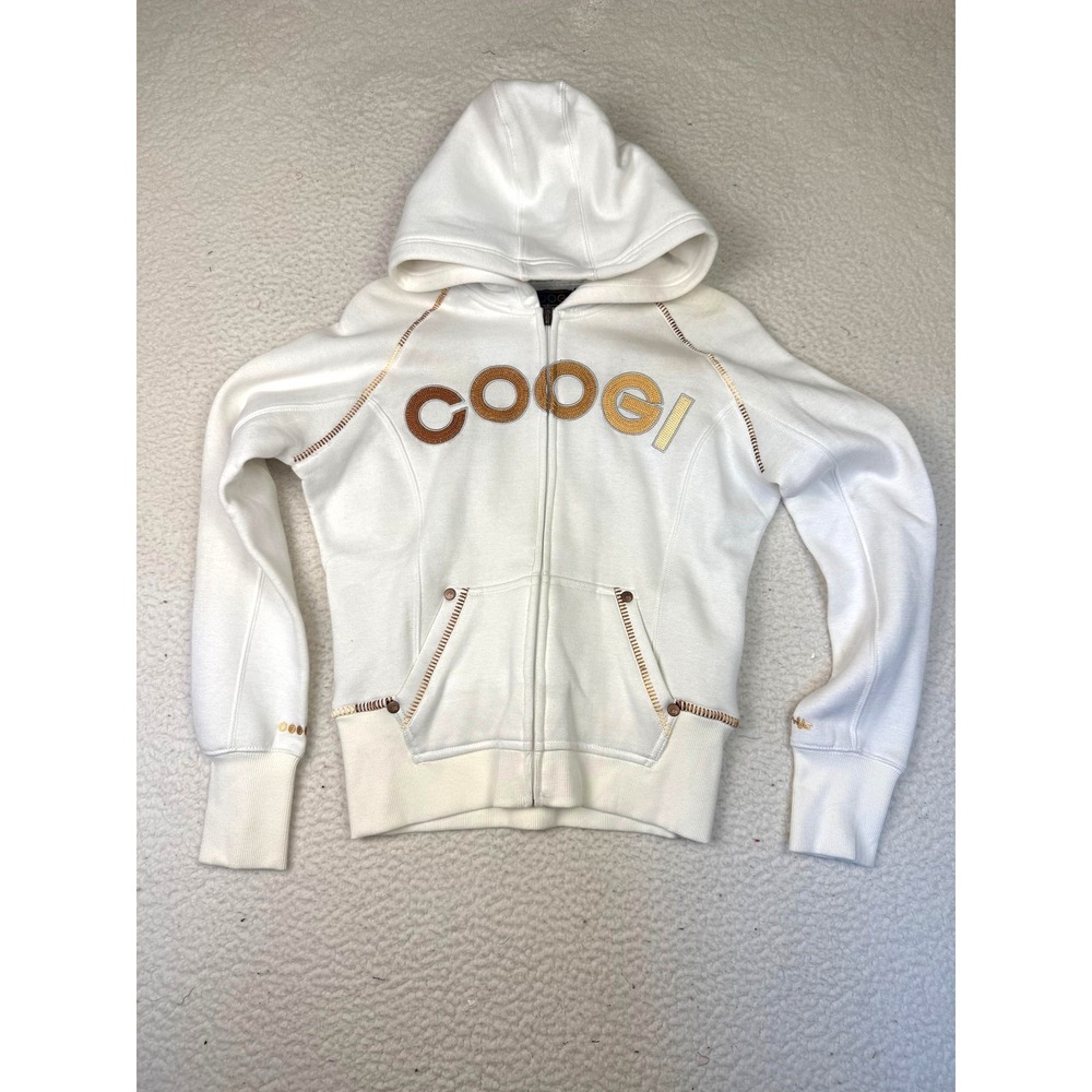 Coogi Hoodie Womens Medium White Full Zip Embroidered Logo Fleece Raglan Sleeve